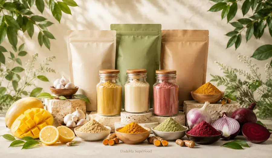 DadiMa Superfood premium product range with fruit powders, spices, and vegetable powders