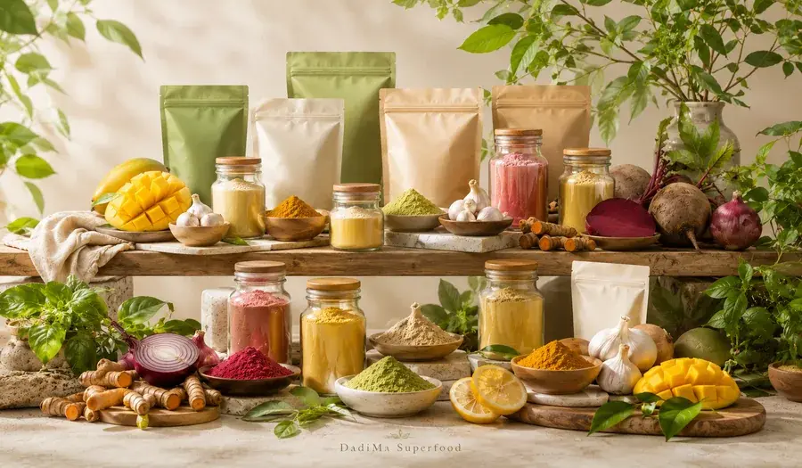 DadiMa Superfood shelf display with jars, pouches, fruits, and vegetables