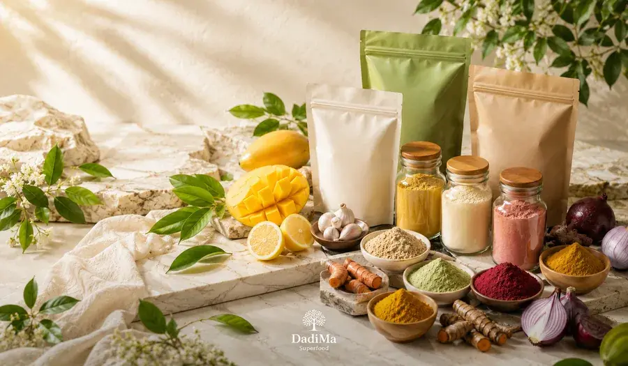 DadiMa Superfood refined product display on a marble kitchen surface