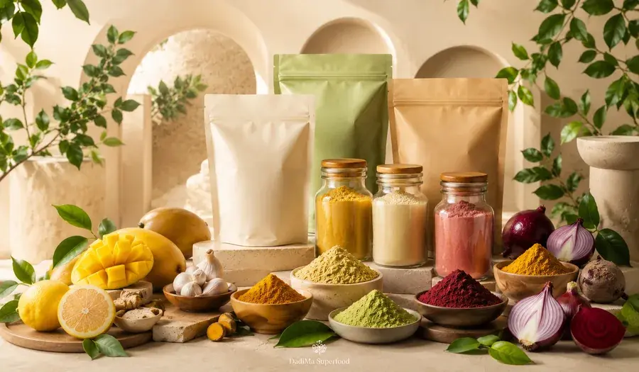 DadiMa Superfood premium pouches, jars, and bowls in a warm natural setting