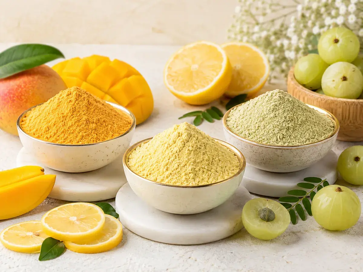 Fruit powder category visual with mango and fruit tones