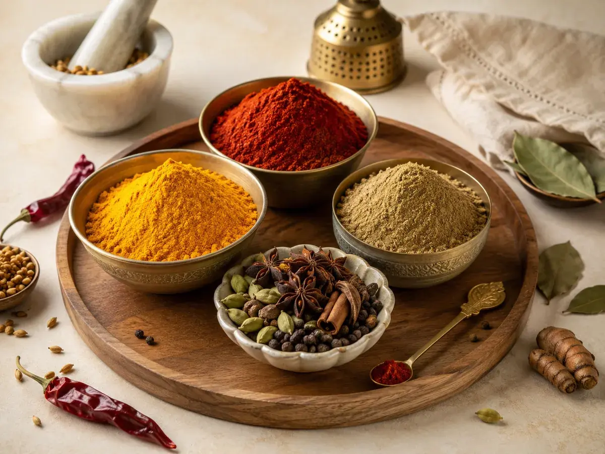 Bowls of spices and masalas in warm kitchen colors