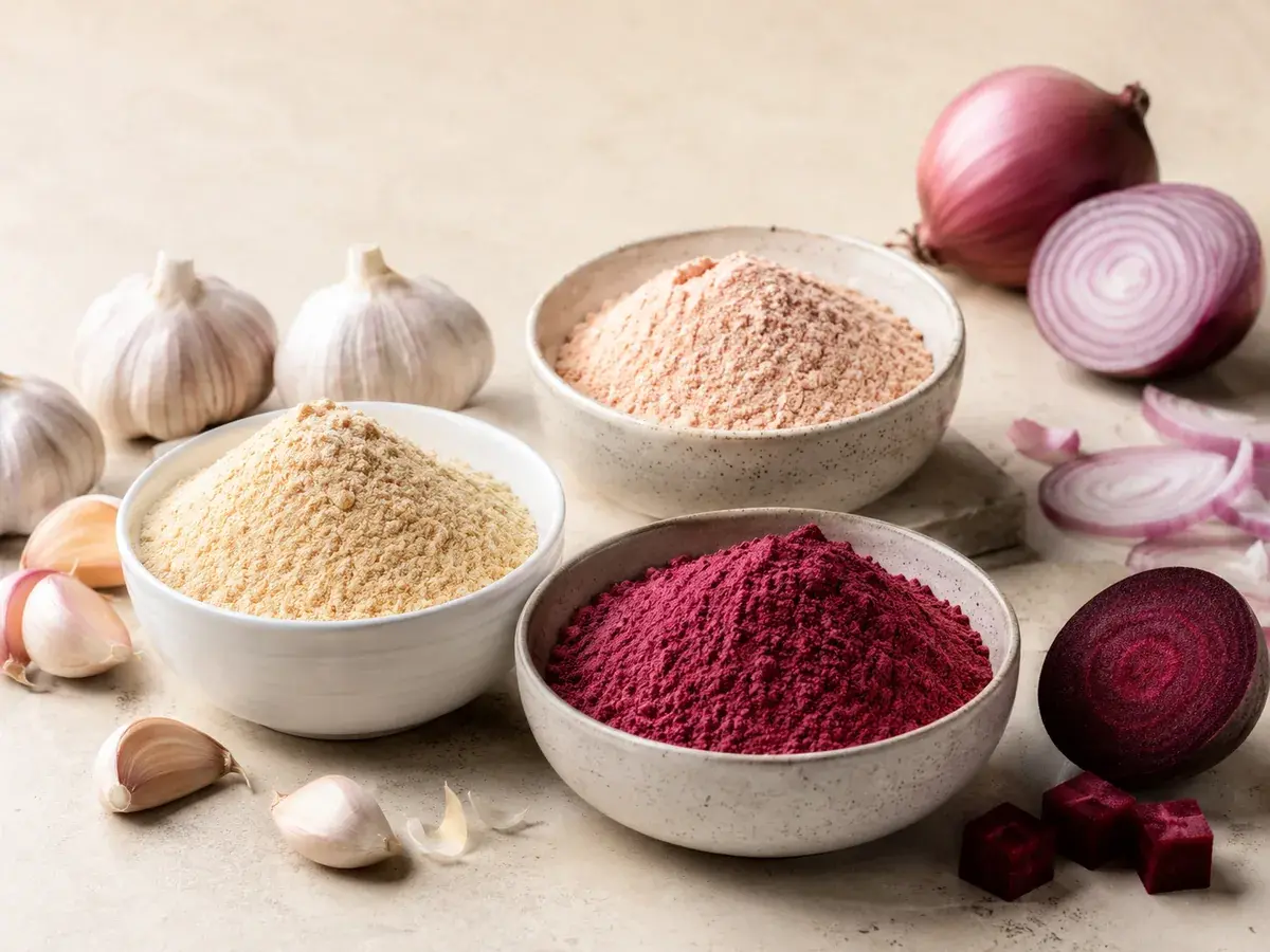 Vegetable powder category visual with beetroot and garlic tones