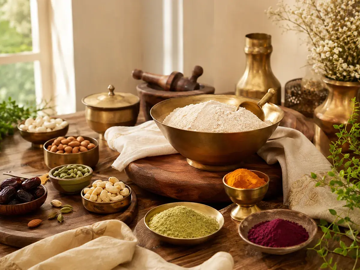 Brass bowl and kitchen leaves representing DadiMa Superfood